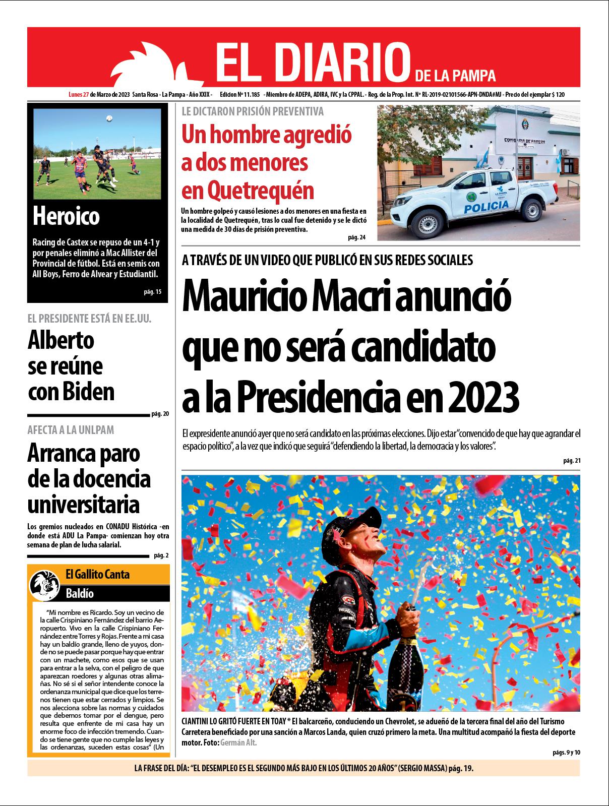 Tapa de El Diario en papel  lunes 27 de marzo de 2023